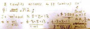 An example of one student's candy counting equation taking into account the diameter and height of the jar measured in candy.