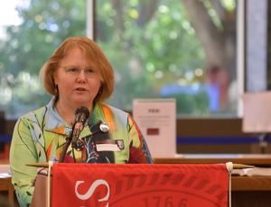 Dee Magnoni speaks at the Carr Library dedication ceremony.