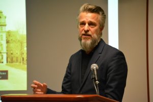 Robert Kirkbride accepts the NJSAA Author Award for "Greystone Park Psychiatric Hospital." Credit: Casey Ambrosio / The Daily Targum.