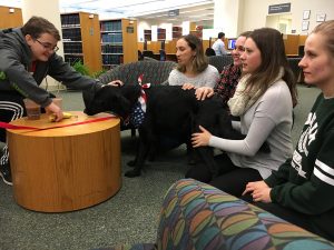 Corky visits students at Chang Library for Stressbusters!