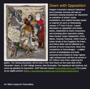 The closing reception for the Opposition book arts exhibition is slated for January 17.