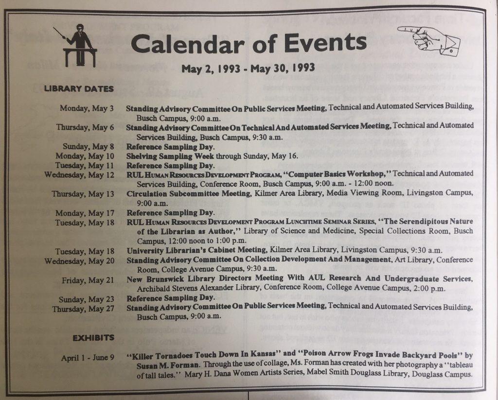 Calendar of Events, May 2 - May 30, 1993.