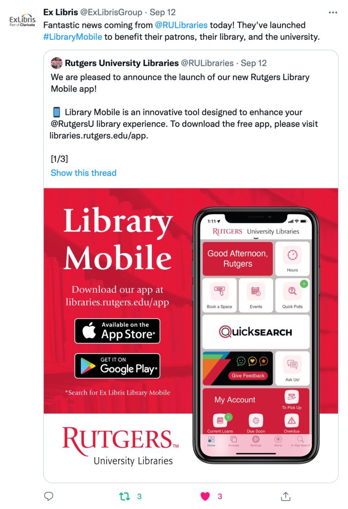 Ex Libris retweet of Library Mobile tweet on September 12, 2022