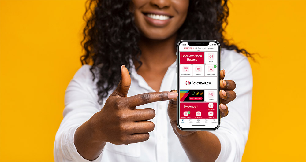Student showcases Library Mobile on her smartphone.