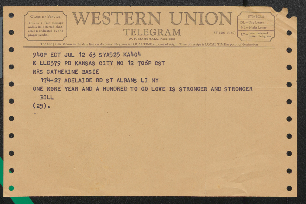 Count Basie telegram to Catherine Basie on their anniversary.