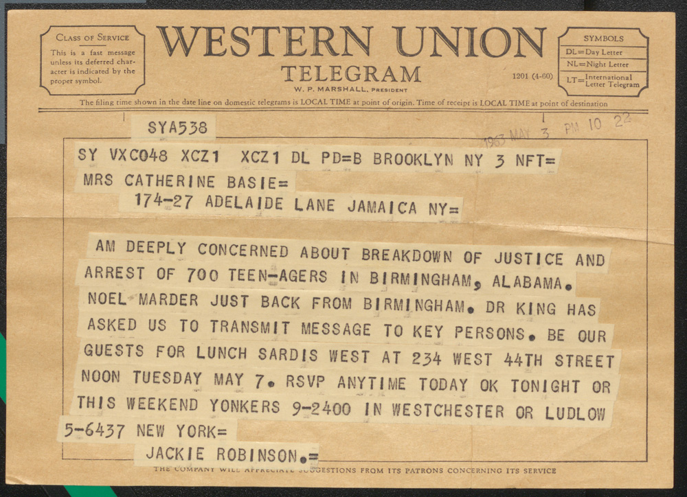 Jackie Robinson telegram to Catherine Basie.