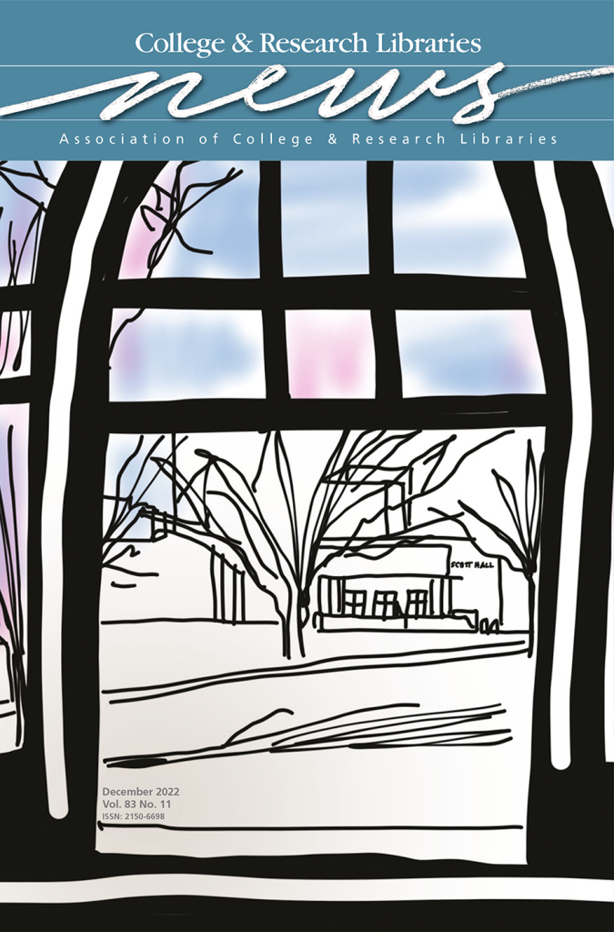 December 2022 C&RL News cover featuring Megan Lotts' Scott Hall drawing.