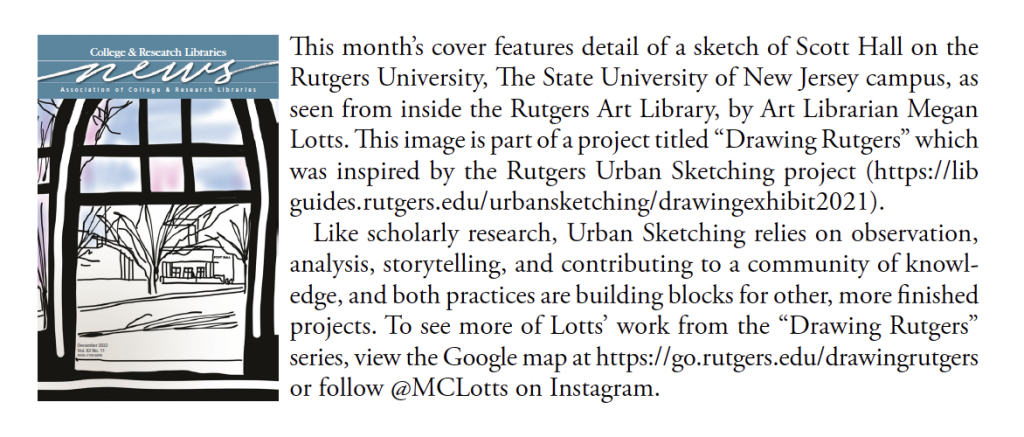 December 2022 C&RL News caption about Megan Lotts' Scott Hall drawing.