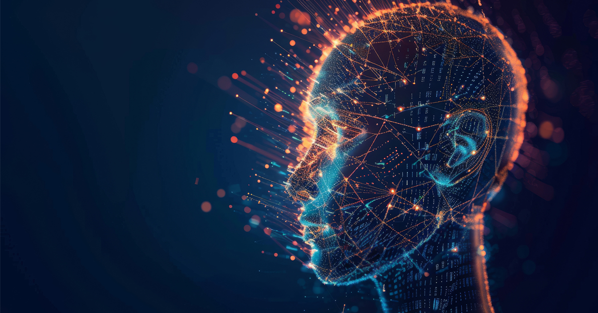 Conceptual AI illustration featuring a computerized profile of a human head