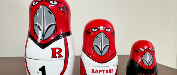 Nesting dolls made to look like the Rutgers Scarlet Raptors mascot