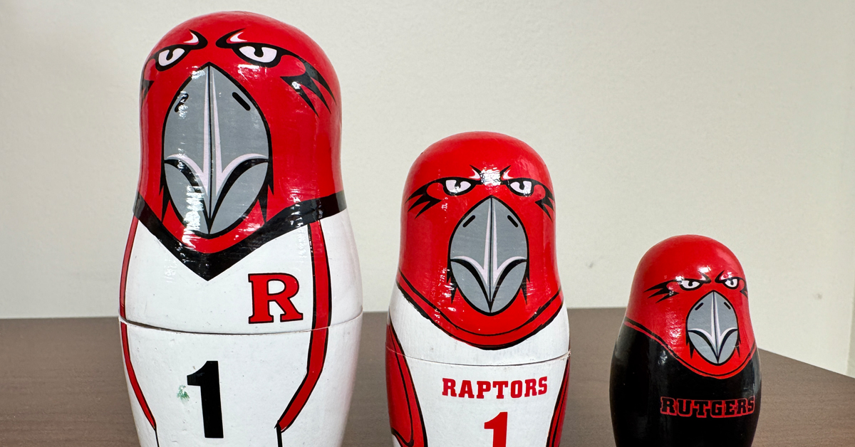 Nesting dolls made to look like the Rutgers Scarlet Raptors mascot