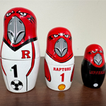 Nesting dolls made to look like the Rutgers Scarlet Raptor mascot