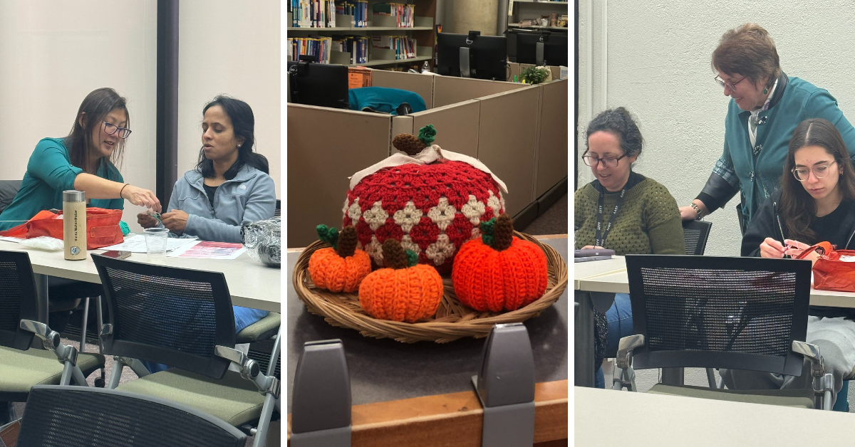 Collage of images depicting people working with yarn and a close-up of a pumpkin craft