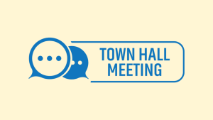 line-drawn illustration of chat bubbles with the words "Town Hall Meeting"