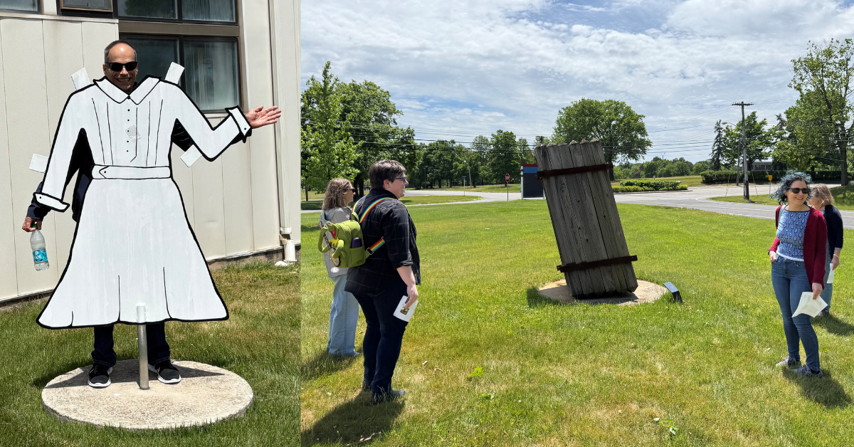Collage of two images. A person poses behind a 2-dimensional sculpture of a dress, and a group of people gathers around a different sculpture.