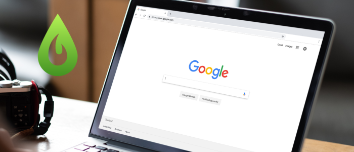 Google home screen showing on a laptop. A green icon shaped like a teardrop sits in the top left corner of the photo.