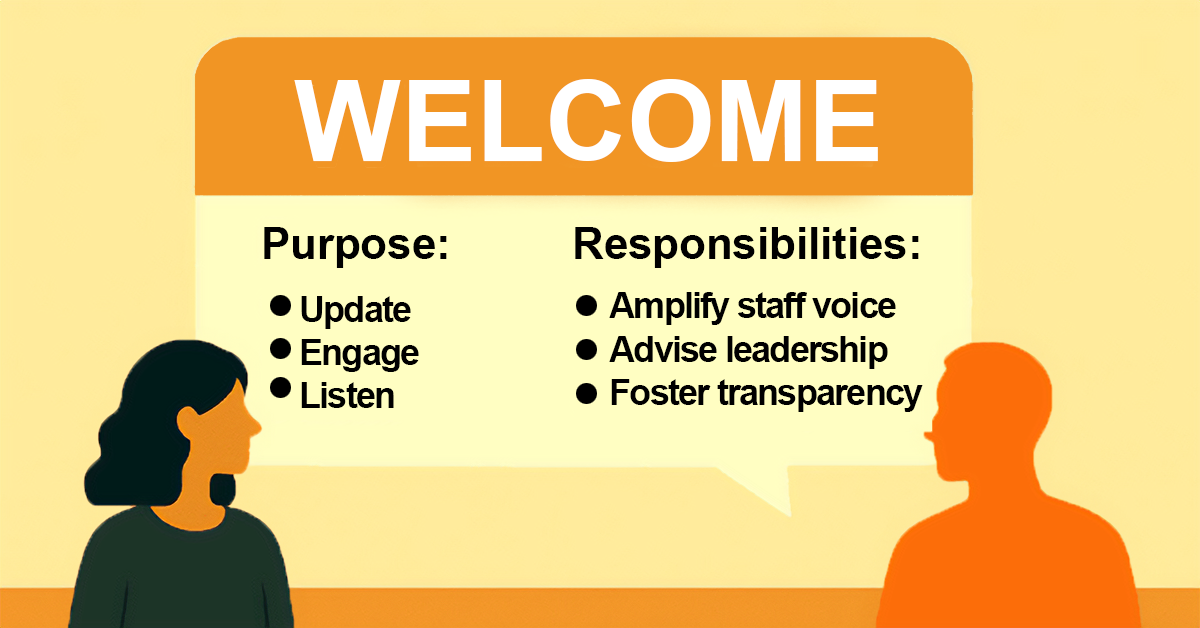 Powerpoint slide showing two silhouettes of human profiles, with the words, "Welcome. Purpose: Update, Engage, Listen. Responsibilities: Amplify staff voice, Advise leadership, Foster transparency.