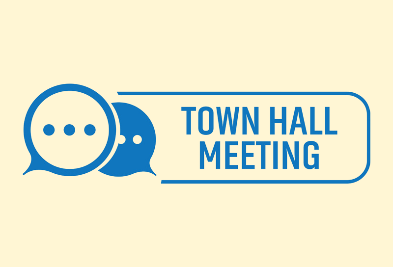 line-drawn illustration of chat bubbles with the words "Town Hall Meeting"