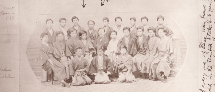 Rutgers Meets Japan Old, sepia-toned portrait of a group of people