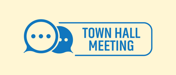 SAC Town Hall line-drawn illustration of chat bubbles with the words "Town Hall Meeting"