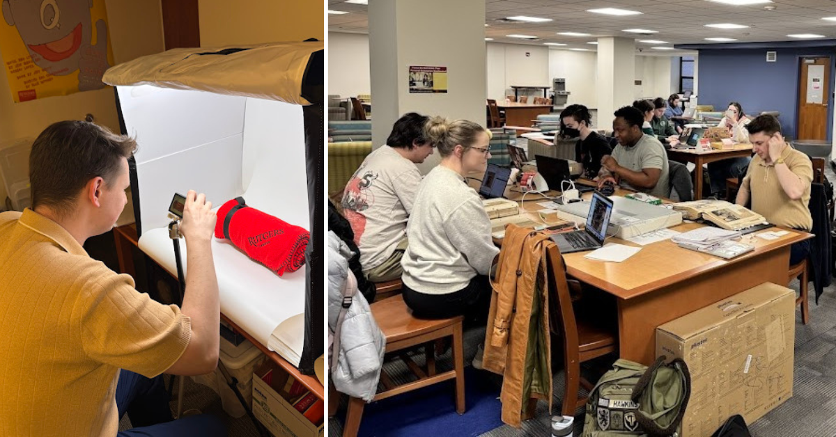 Image on left shows a person photographing a rolled up red blanket with a Rutgers Camden logo printed on it. Image on the right shows a room full of people seated at tables, working.